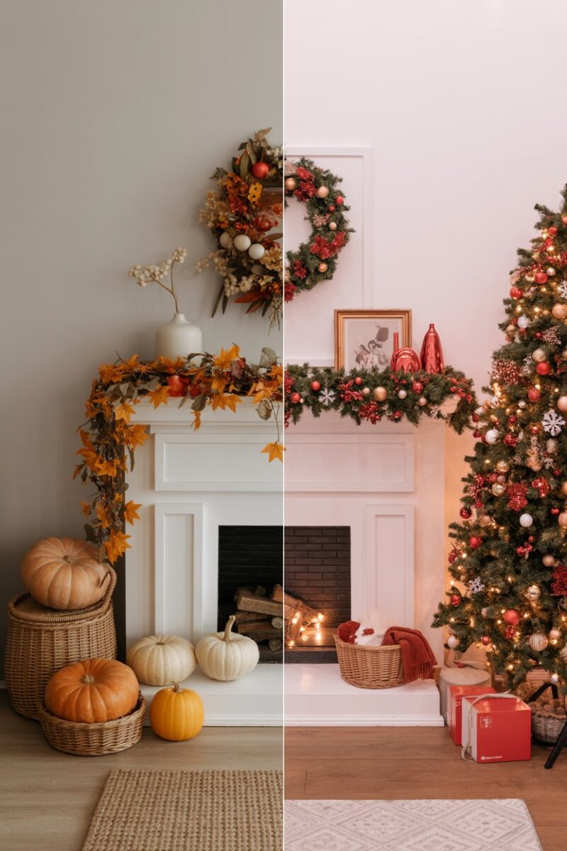 Before and after image showing a transition from fall decorations to Christmas decorations.