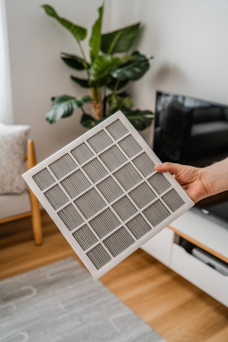 Two air filters being held, one clean and one dirty, with a plant and furniture in the background.