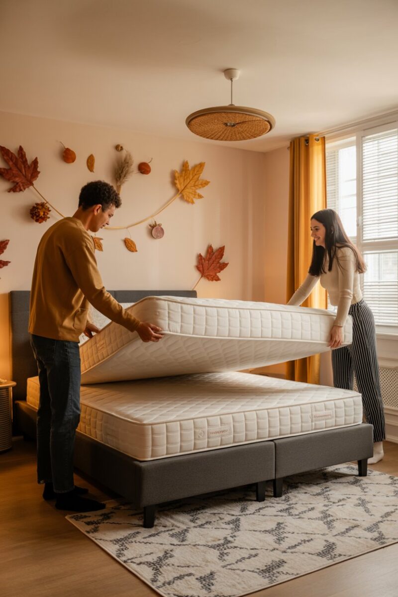 Two people flipping a mattress on a bed in a cozy room.