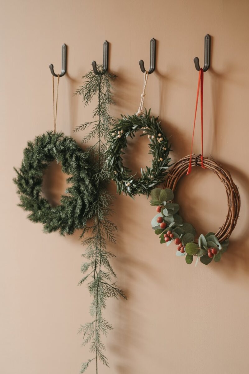 Wreaths and garlands hanging on black hooks against a beige wall