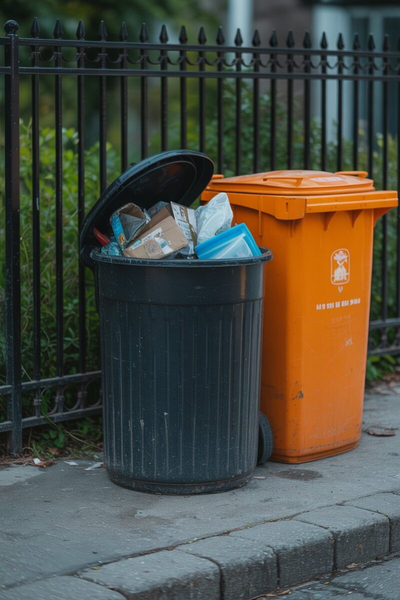 A black trash can overflowing with garbage next to an orange trash bin.