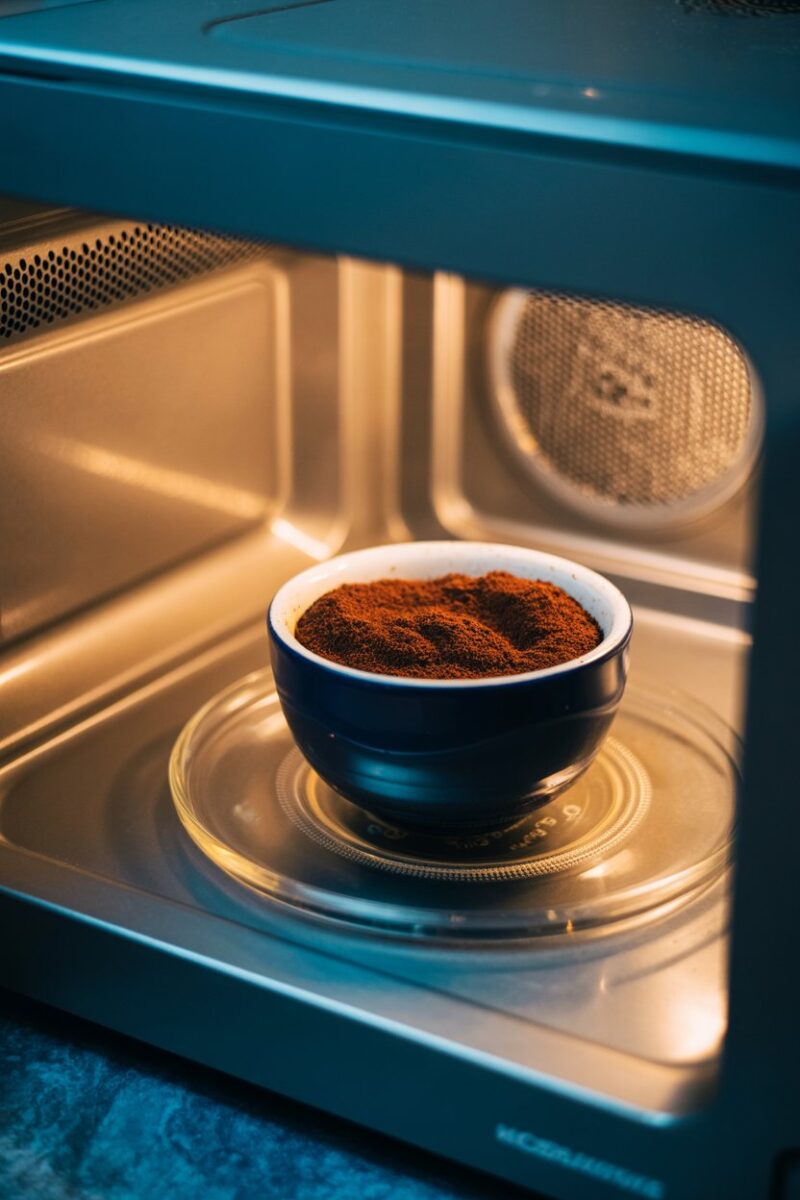 A bowl of coffee grounds placed inside a microwave.