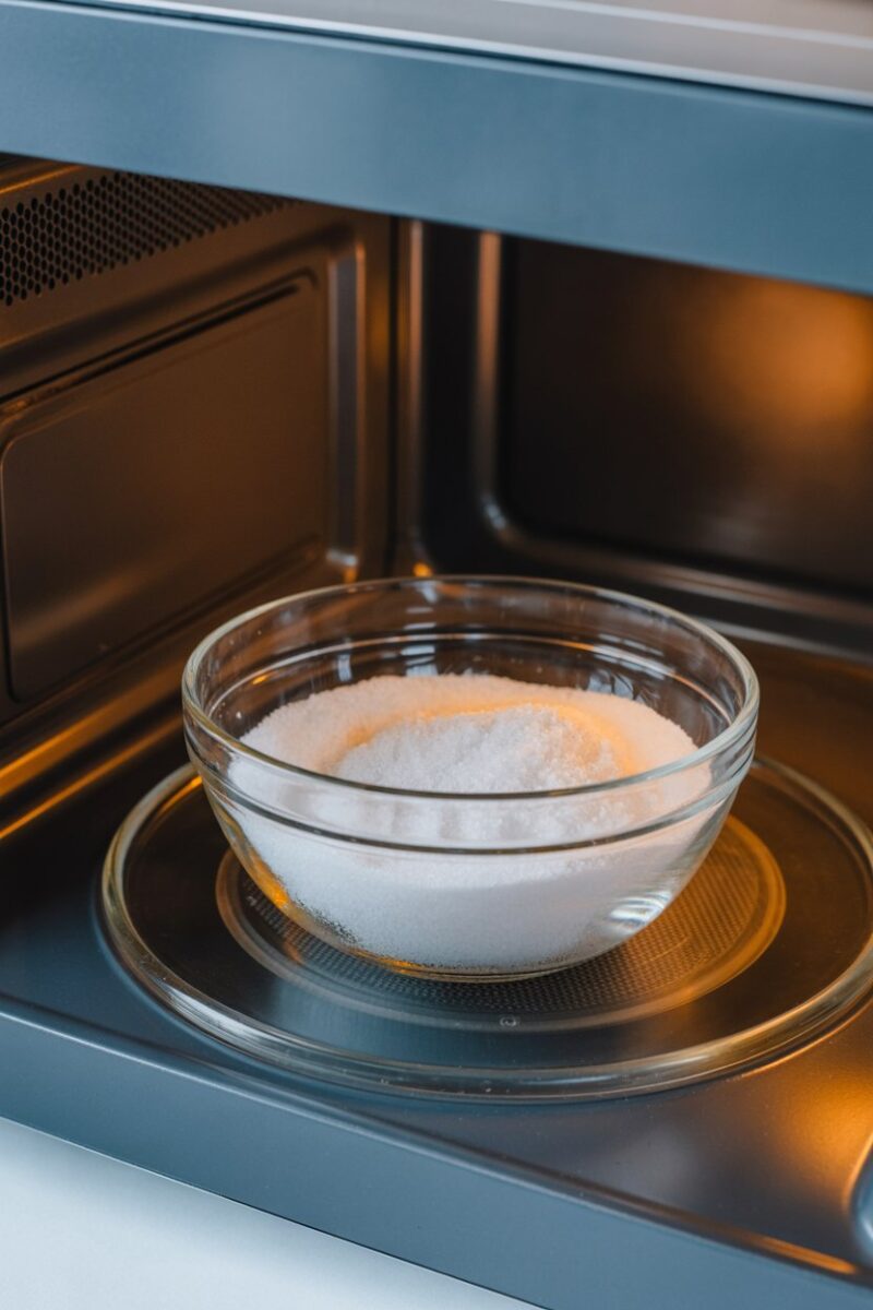 A bowl of Epsom salt mixed with water, placed inside a microwave for cleaning.