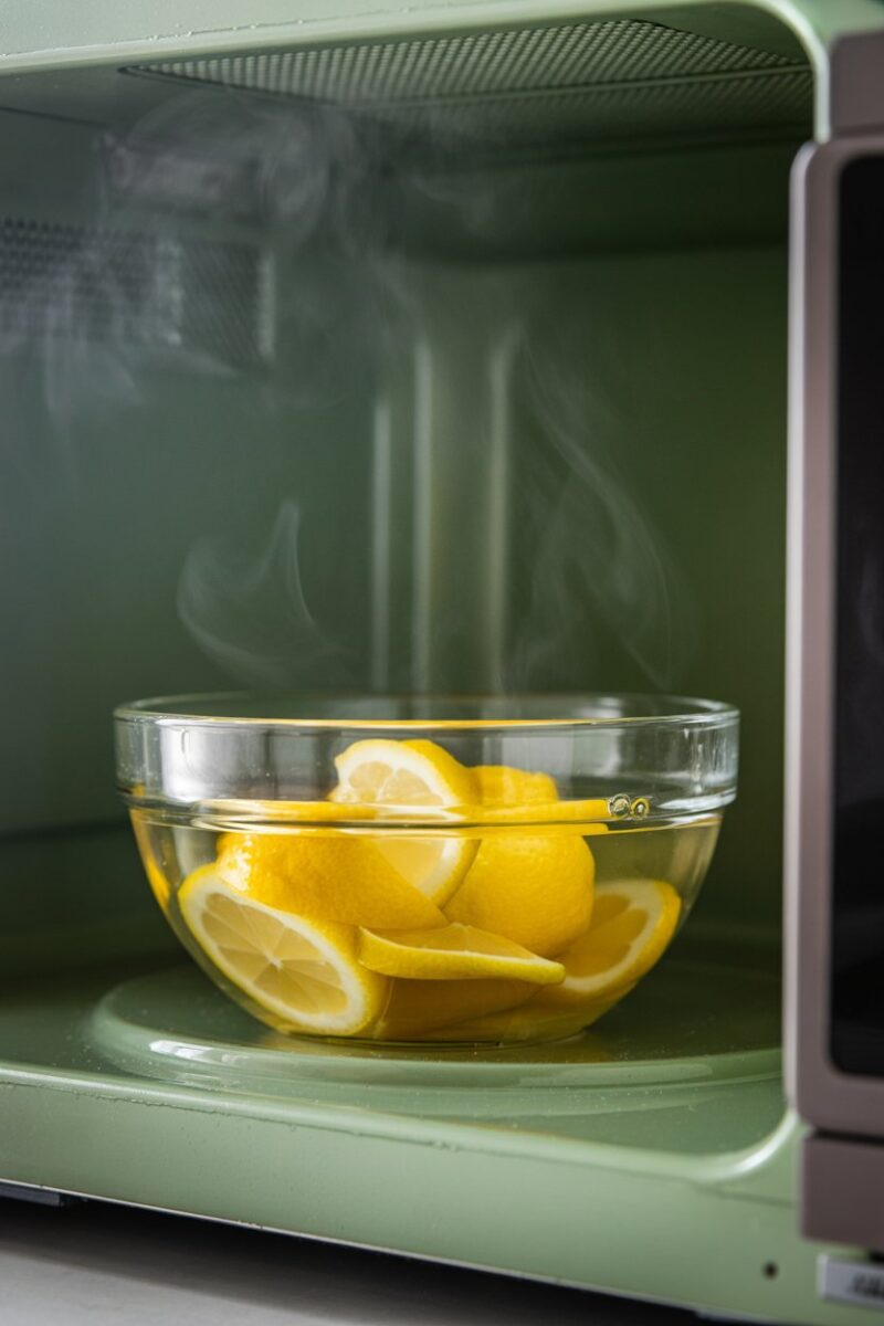 A bowl of lemon zest and vinegar in a microwave, with steam rising.