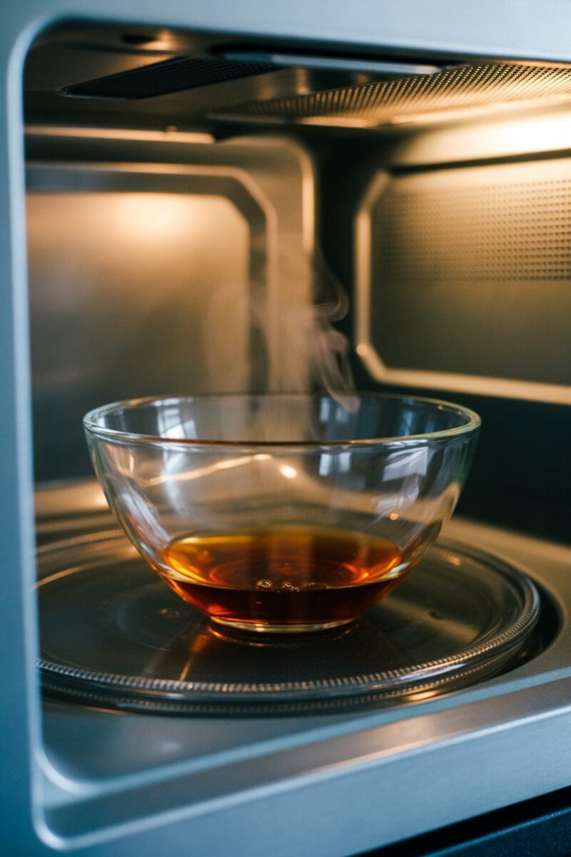 A bowl of vanilla extract mixture steaming in a microwave.
