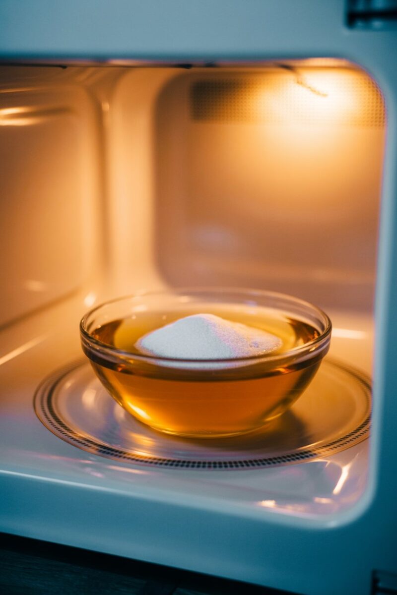 A bowl of vinegar and baking soda reacting in a microwave.