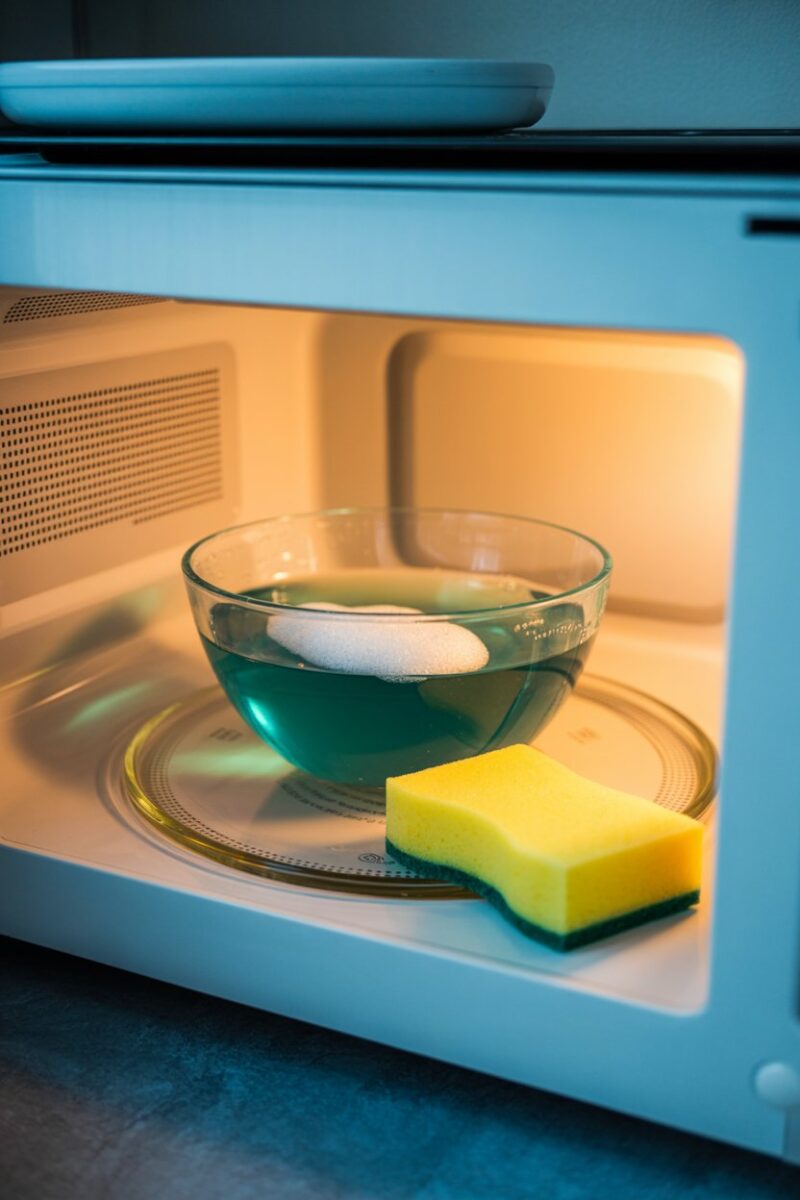 A bowl of water with dish soap inside a microwave, alongside a sponge.