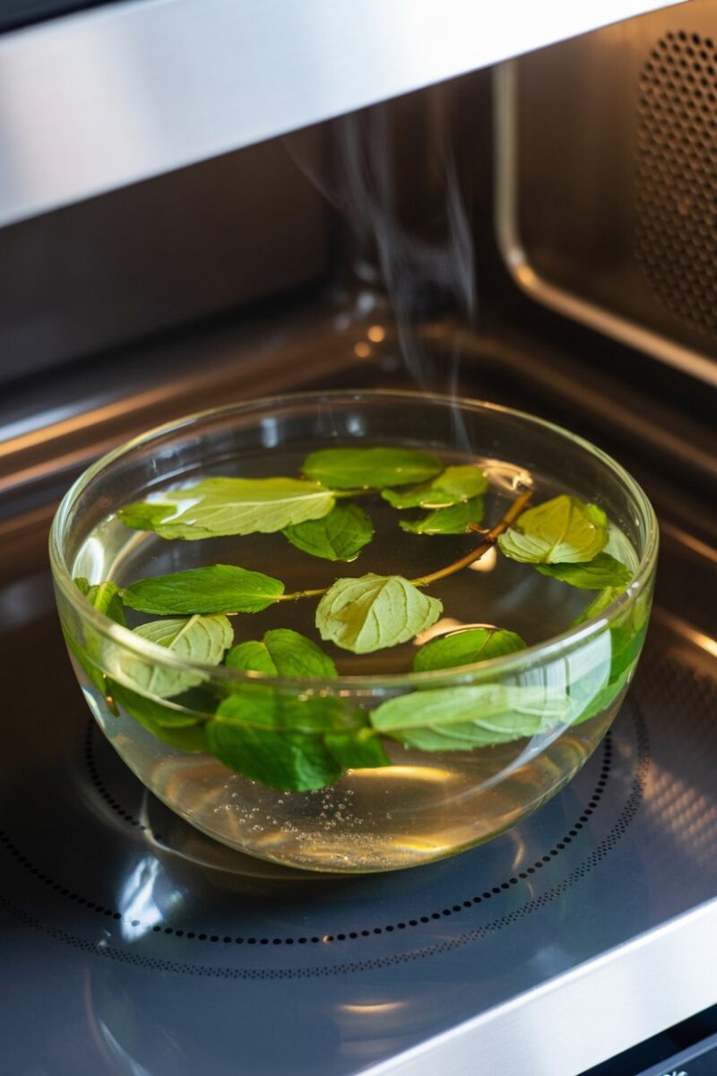 A bowl of water with fresh mint leaves steaming in a microwave.