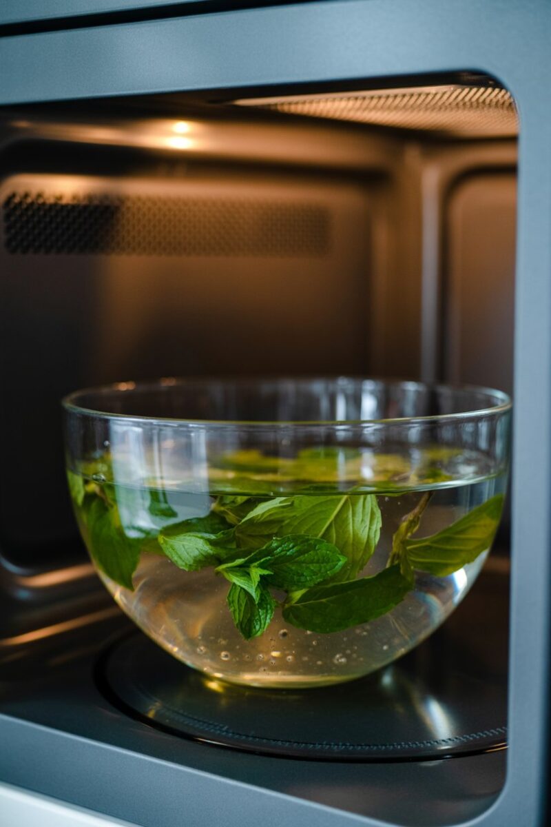 A bowl of water with peppermint leaves steaming in a microwave.