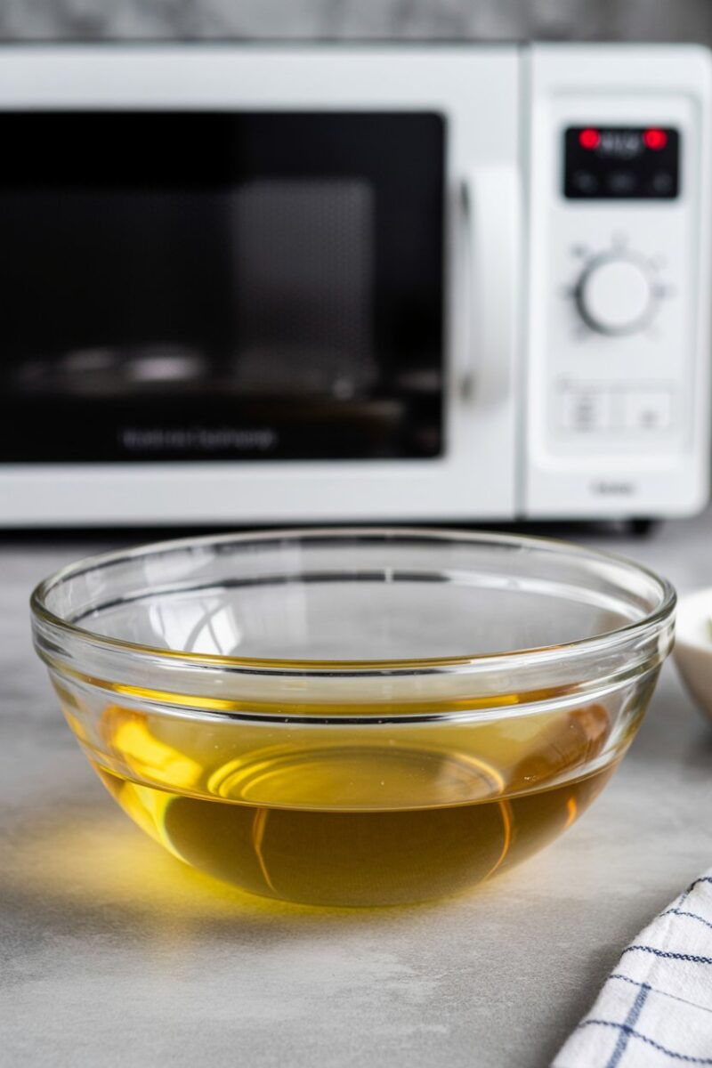 A bowl with coconut oil and vinegar mixture, with a microwave in the background.