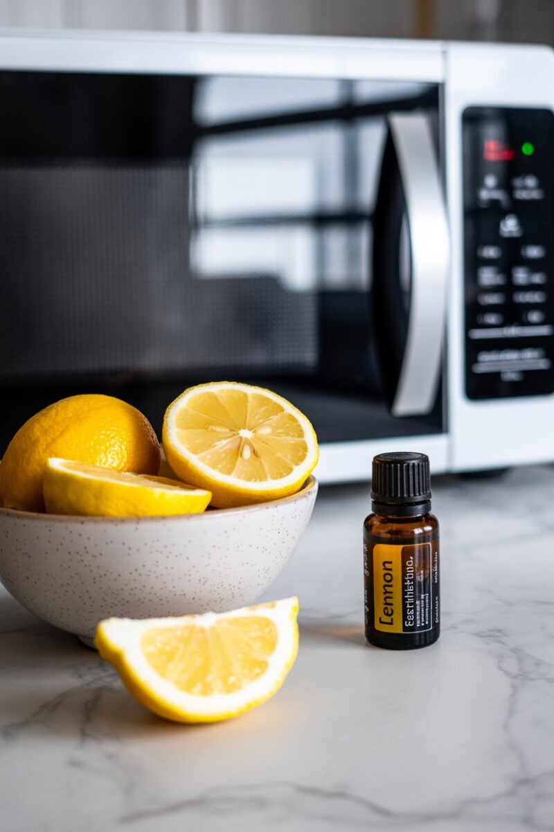A bowl with lemon slices and a bottle of lemon essential oil next to a microwave.