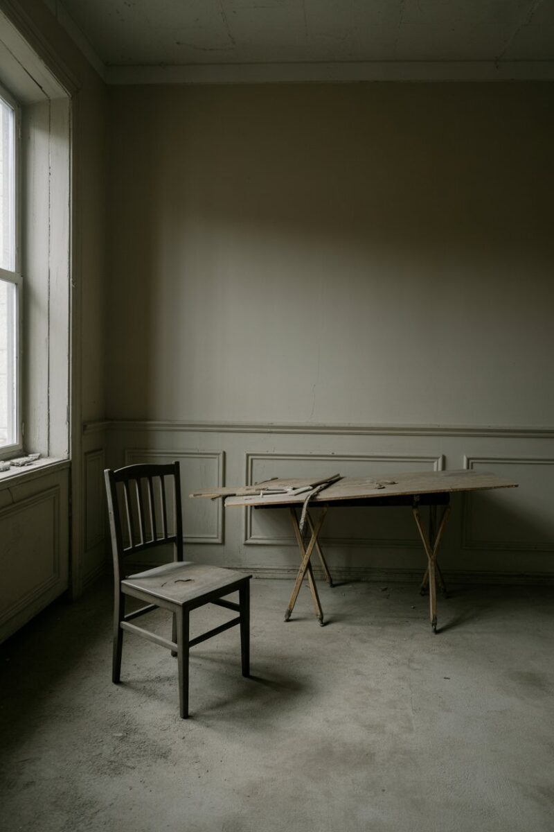 A broken chair and damaged table in an empty room.