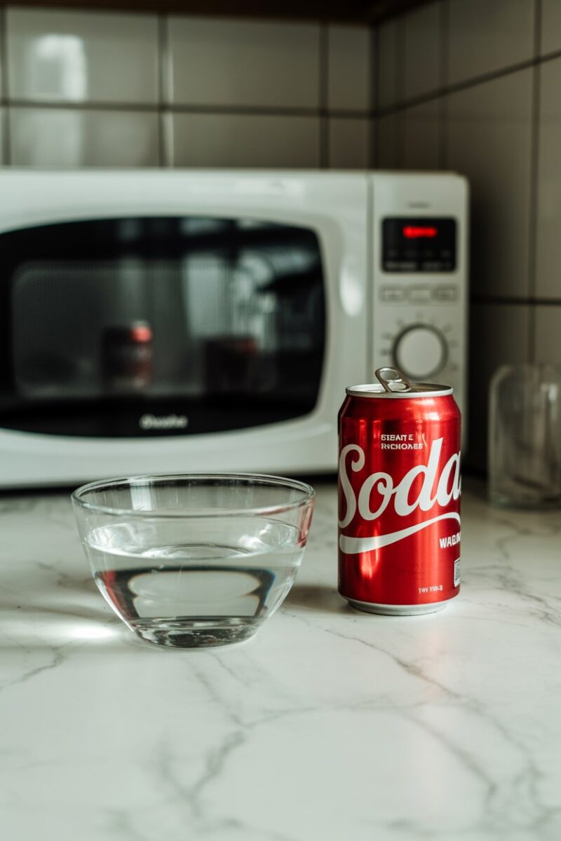 A can of soda next to a bowl of water on a kitchen counter with a microwave in the background.