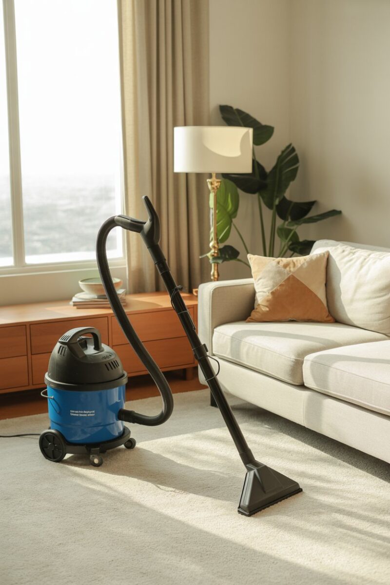 A carpet cleaner in a cozy living room setting