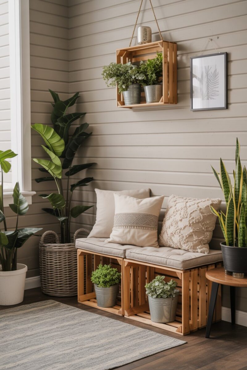 A charming entryway bench made from wood crates with cushions, surrounded by plants and decor.