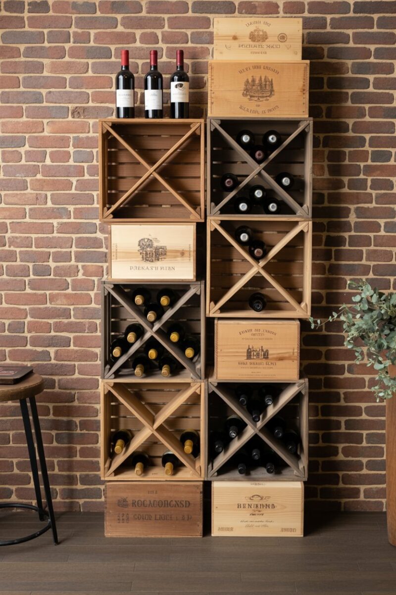 A chic wooden wine rack made from crates, displaying various wine bottles against a brick wall.