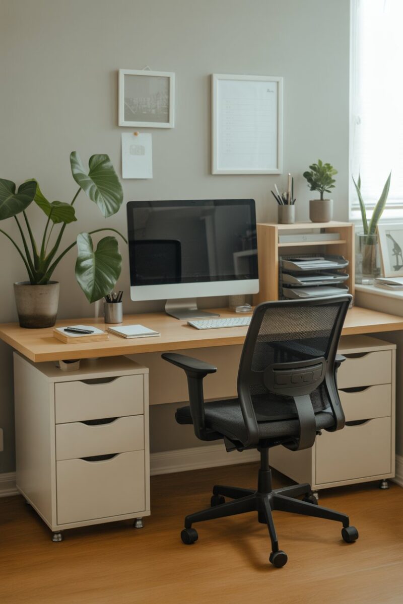 A clean and organized home office desk with plants and office supplies.