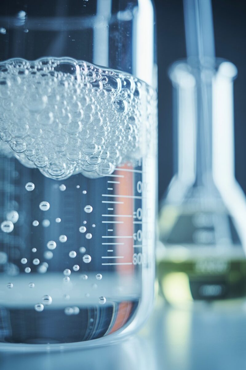 A close-up of bubbles forming in a glass container with laboratory equipment in the background.