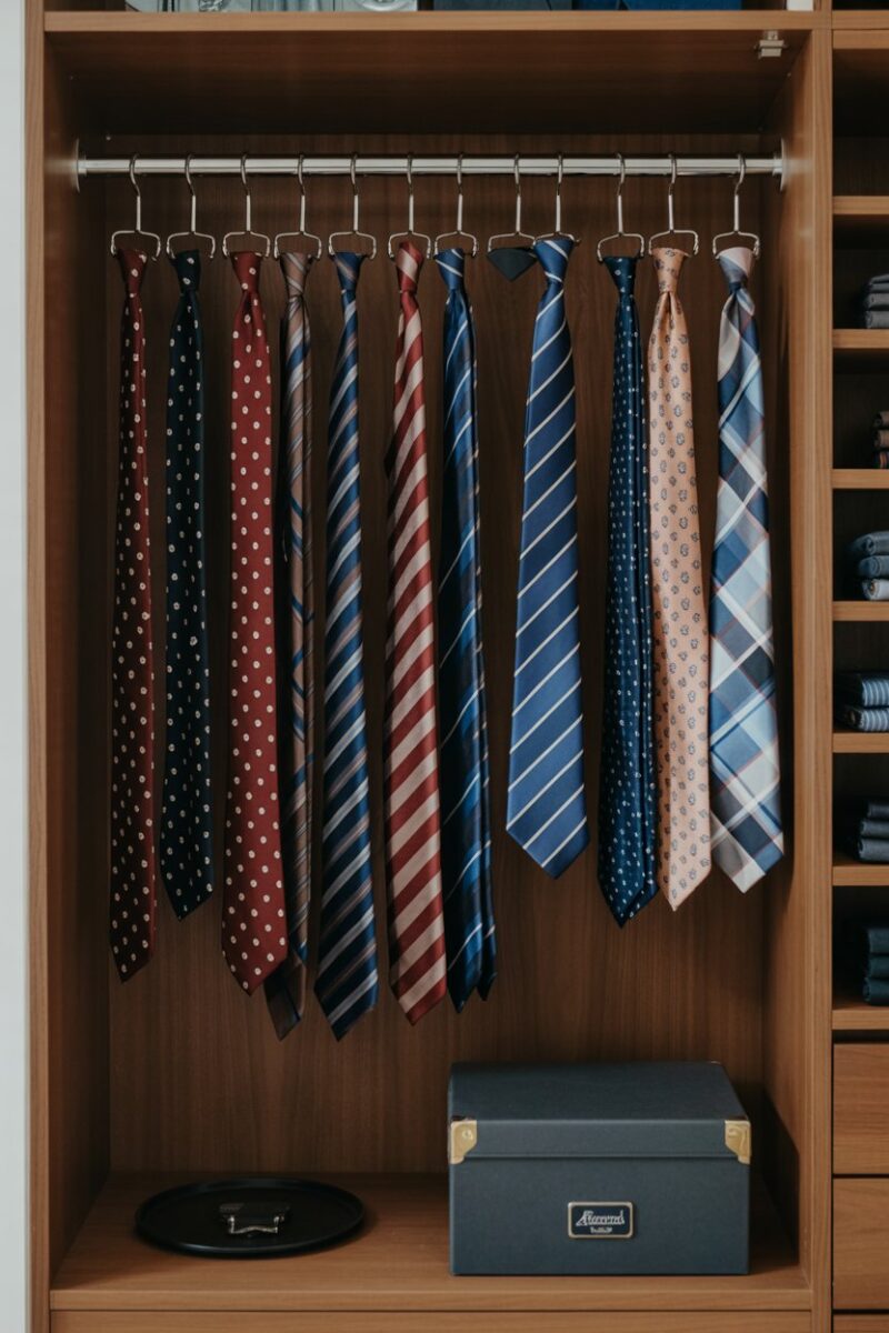 A closet with a rack displaying various ties and accessories.