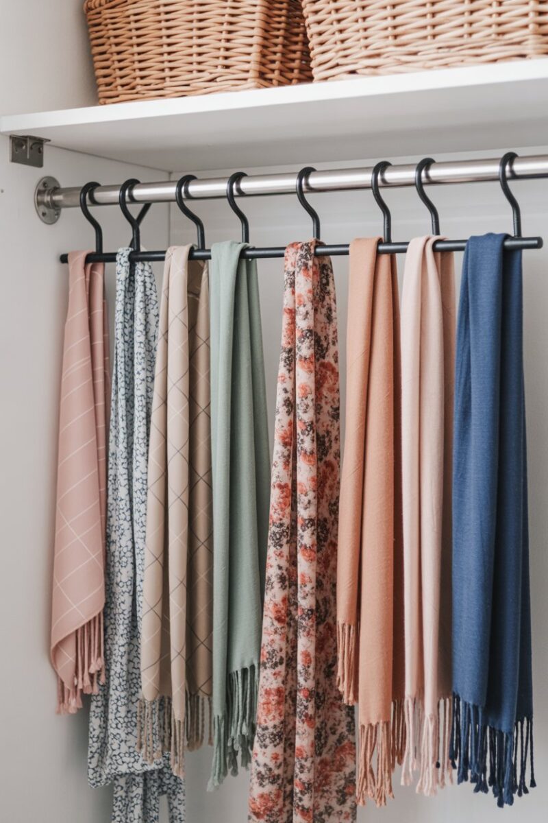 A closet with neatly organized scarves hanging on tension rods.