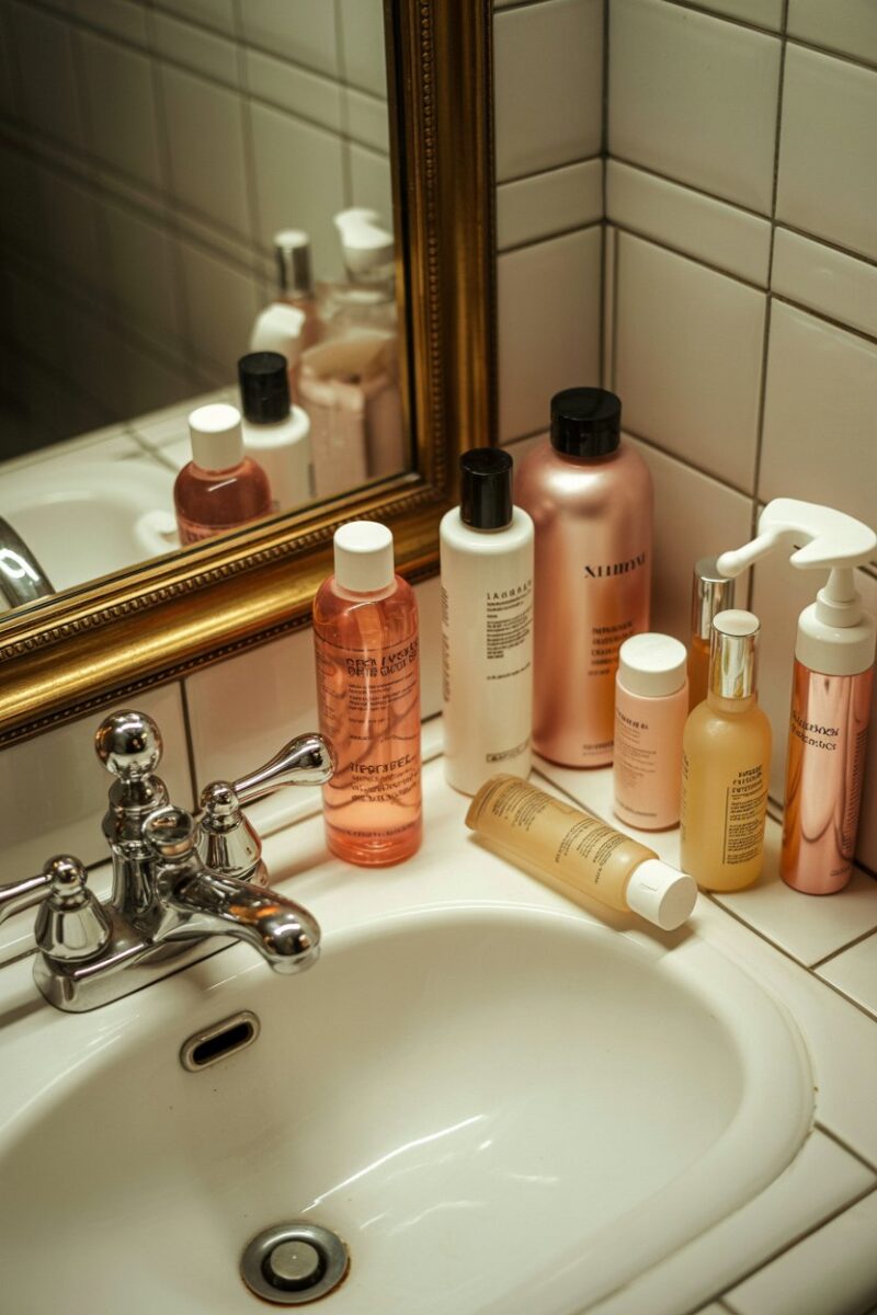 A cluttered bathroom sink with various beauty products, some of which appear to be expired.