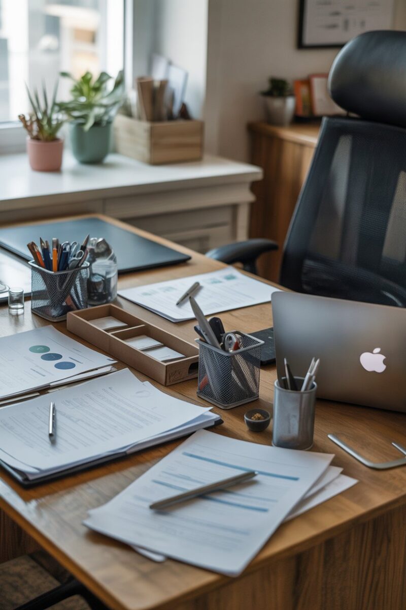 A cluttered desk with papers, a laptop, and office supplies being organized.