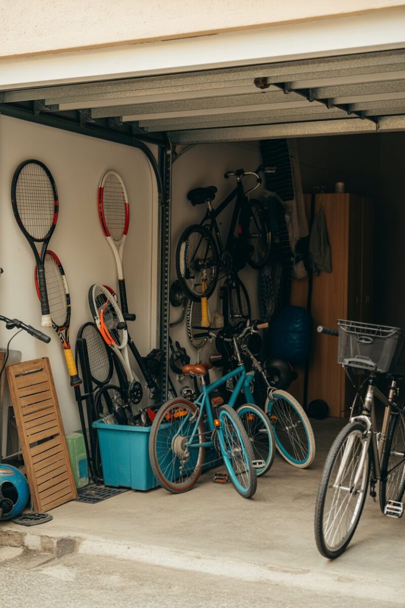 A cluttered garage with unused sports equipment including bikes and tennis rackets.