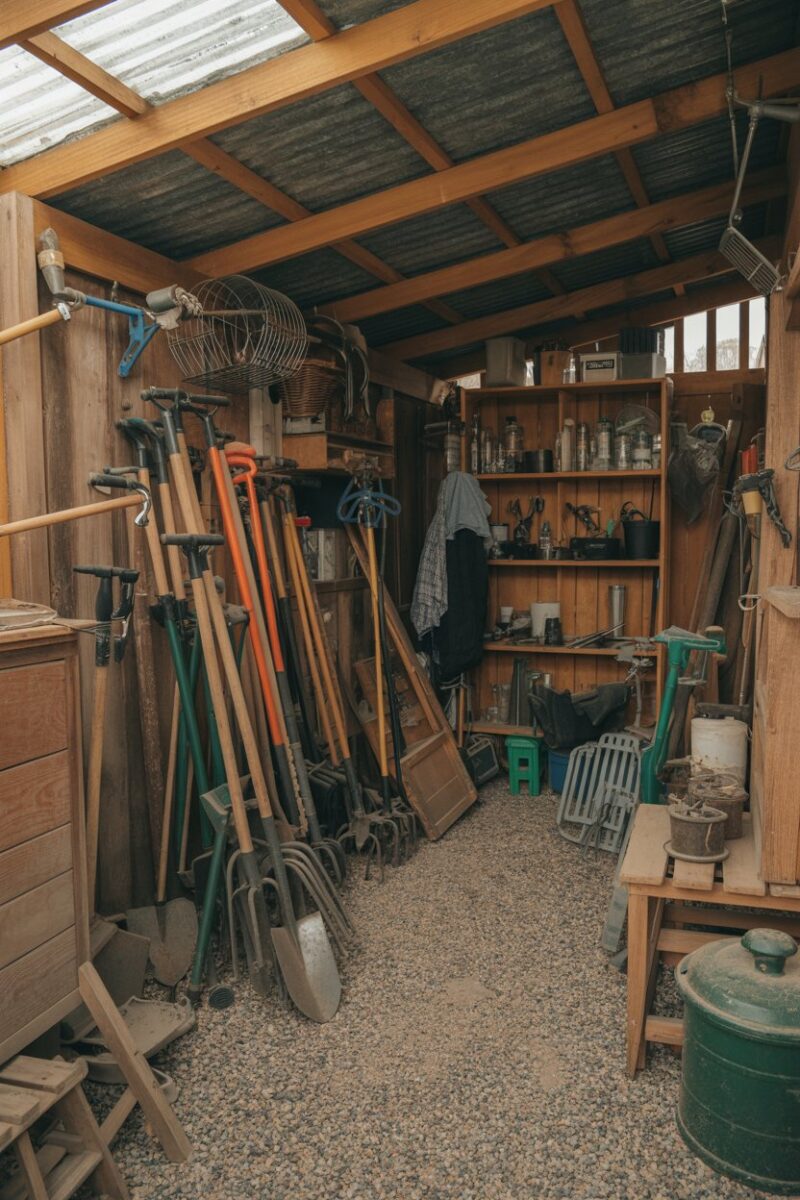 A cluttered gardening shed filled with unused tools and cobwebs.