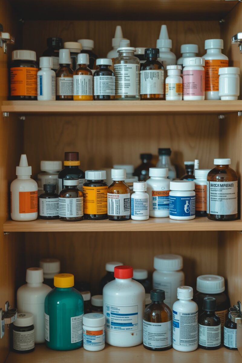 A cluttered medicine cabinet filled with various bottles and containers of expired medicine.