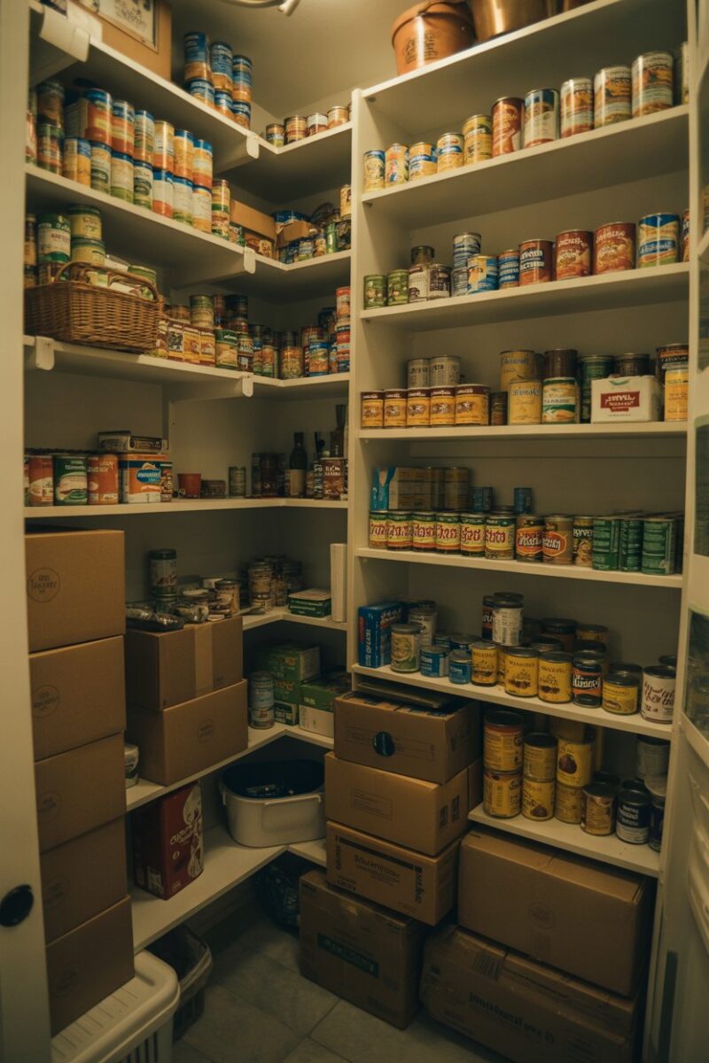 A cluttered pantry filled with various canned goods and boxes.