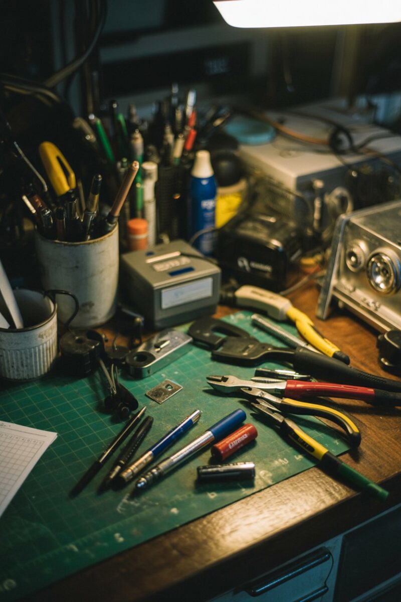 A cluttered workspace with various miscellaneous items including tools, pens, and batteries.