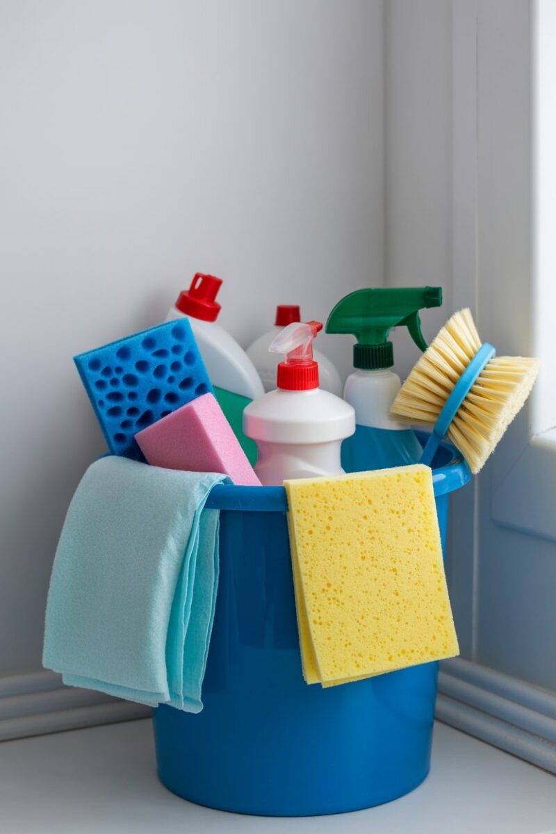 A collection of cleaning supplies including sponges, brushes, and cleaning solutions in a blue bucket.