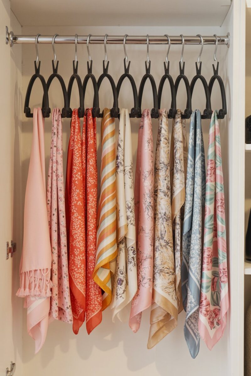 A collection of colorful scarves neatly arranged on multi-tiered hangers in a closet.
