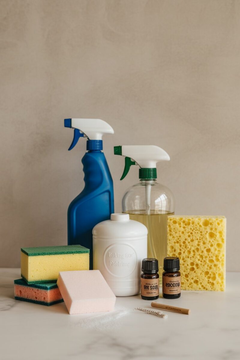 A collection of eco-friendly cleaning supplies including baking soda, essential oils, and sponges.