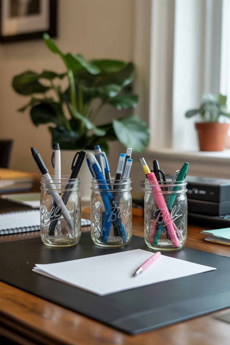 A collection of mason jars filled with pens and office supplies on a desk.