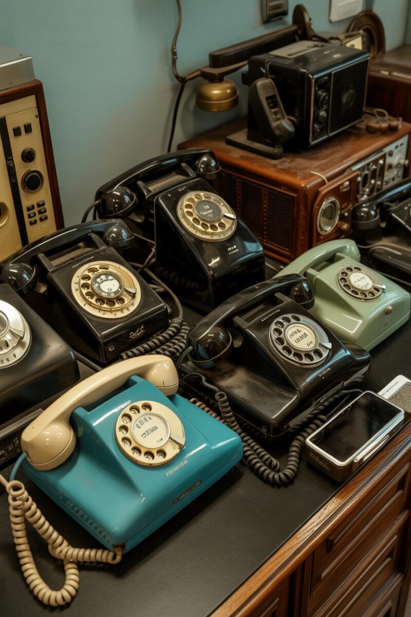 A collection of old telephones and gadgets on a table.