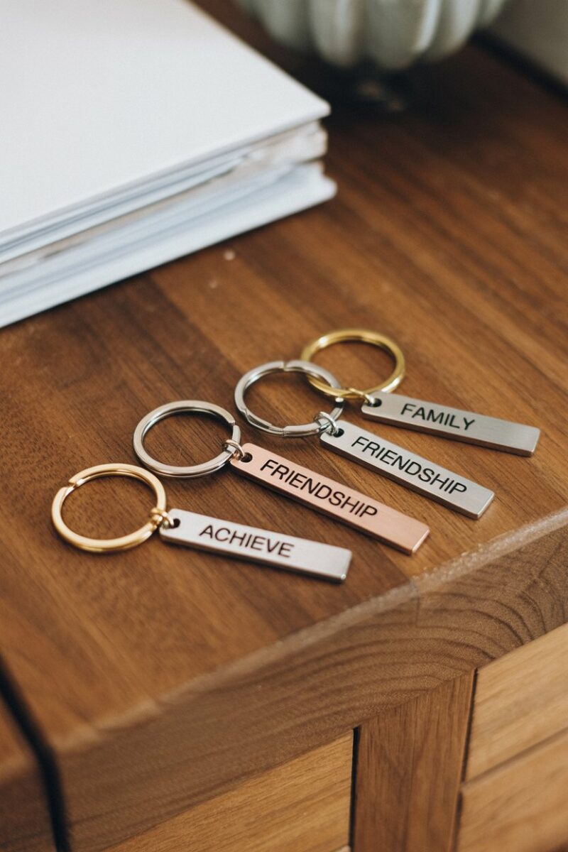 A collection of personalized keychains with words like 'Family', 'Friendship', and 'Achieve' on a wooden surface.