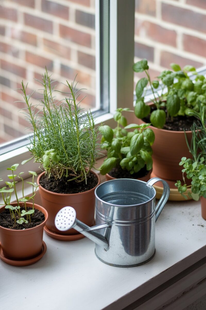 A collection of small herb plants in pots by a window, with a watering can nearby.