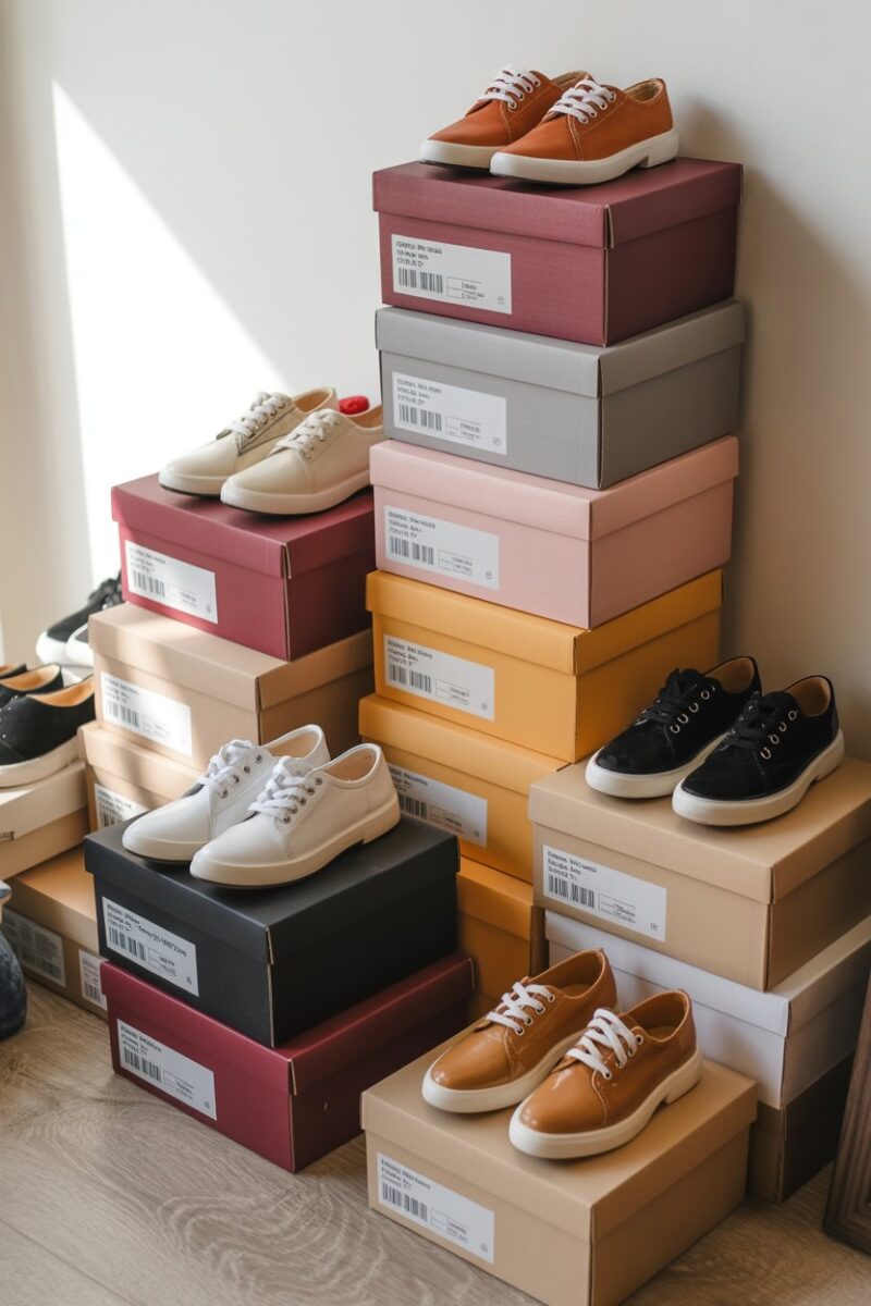 A collection of stackable shoe boxes filled with various shoes.