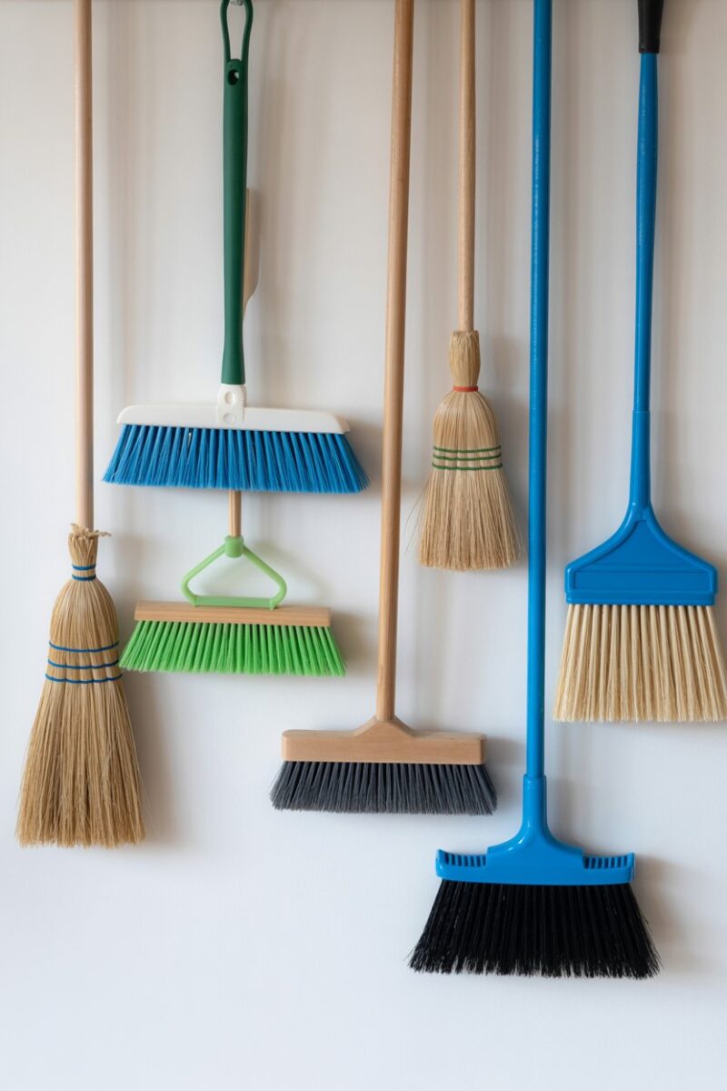 A collection of various cleaning tools including brooms and brushes hanging on a wall.