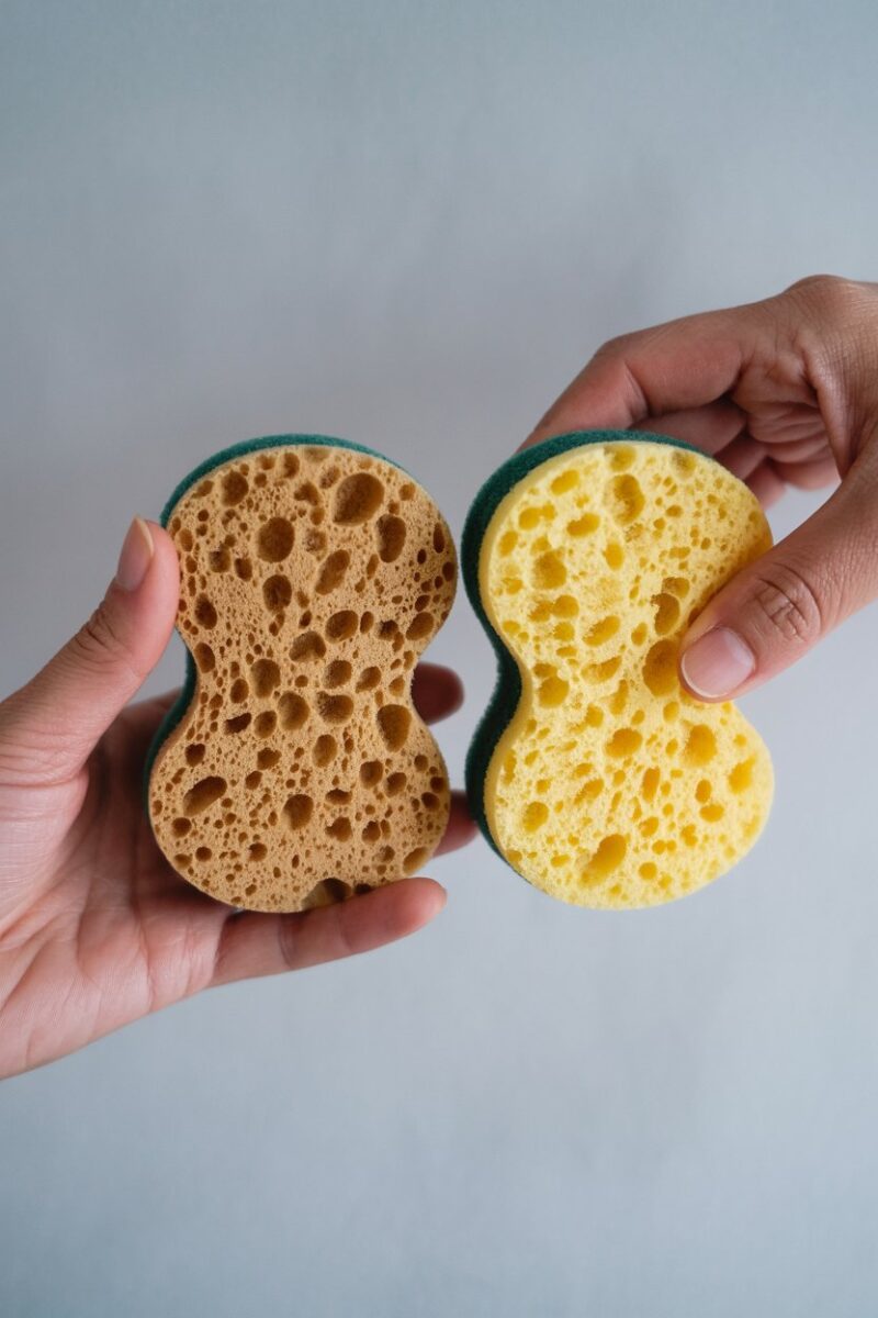 A comparison of two sponges, one dirty and one clean, highlighting the hidden dangers of dirty sponges.