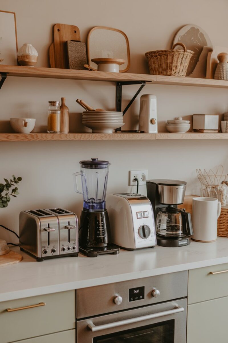 A countertop filled with various kitchen appliances including a toaster, blender, and coffee maker.