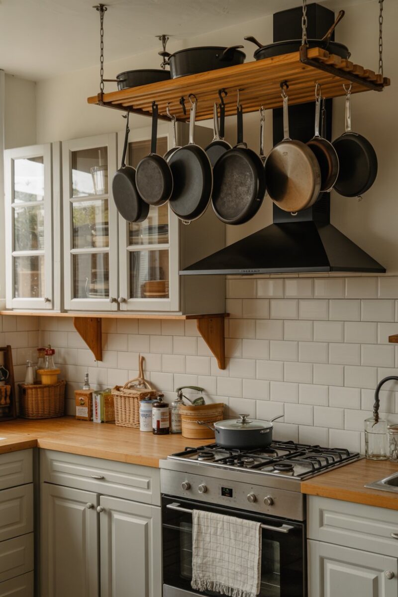A cozy kitchen featuring a hanging pot rack with various pots and pans.