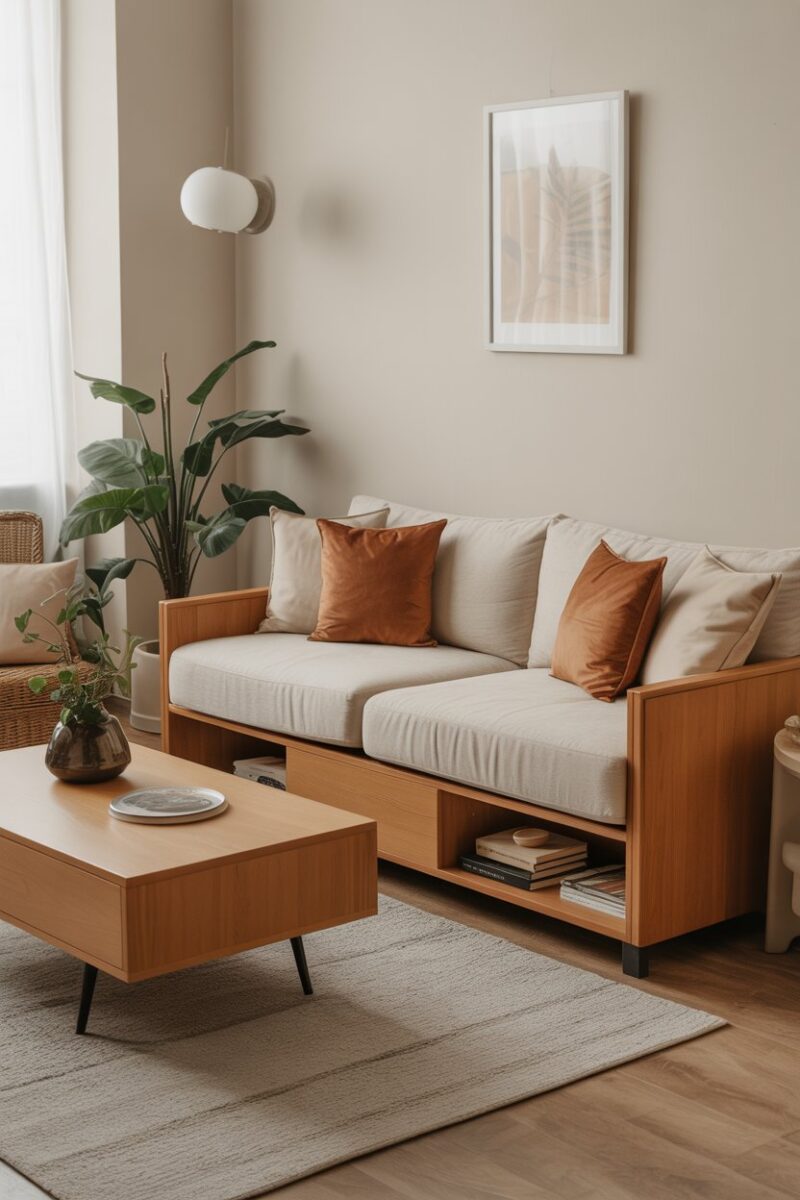A cozy living room featuring multi-functional furniture, including a sofa with storage and a stylish coffee table.