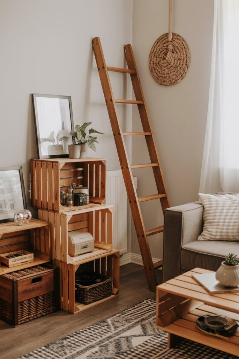 A cozy living room featuring repurposed furniture for storage, including wooden crates and a ladder.