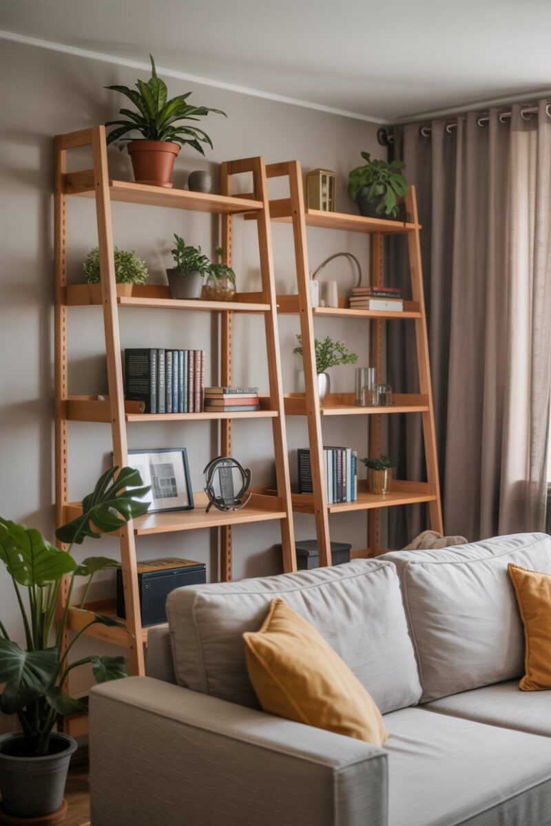 A cozy living space featuring ladder shelves filled with books and plants.