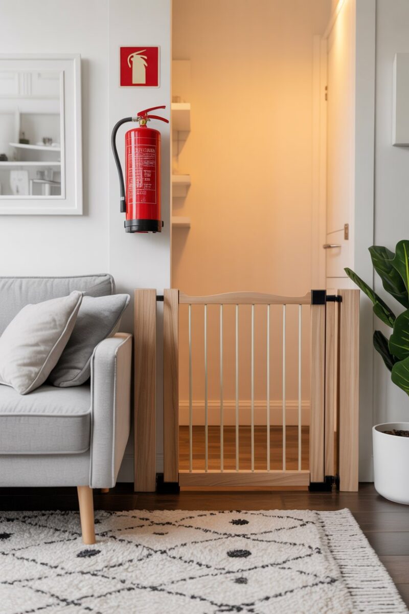 A cozy living space with a fire extinguisher and a baby gate, emphasizing safety and cleanliness.