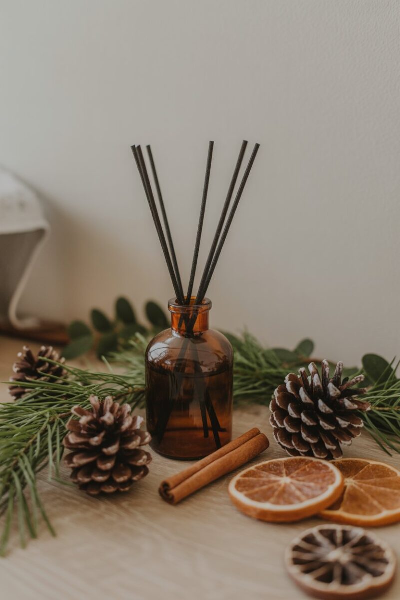 A cozy winter spice blend air freshener with pine cones, cinnamon, and greenery.