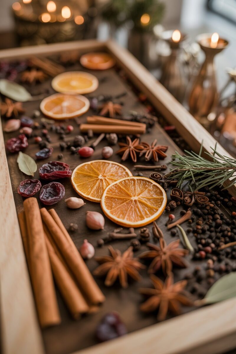 A decorative display of spices and dried fruits for a mulled wine aroma.