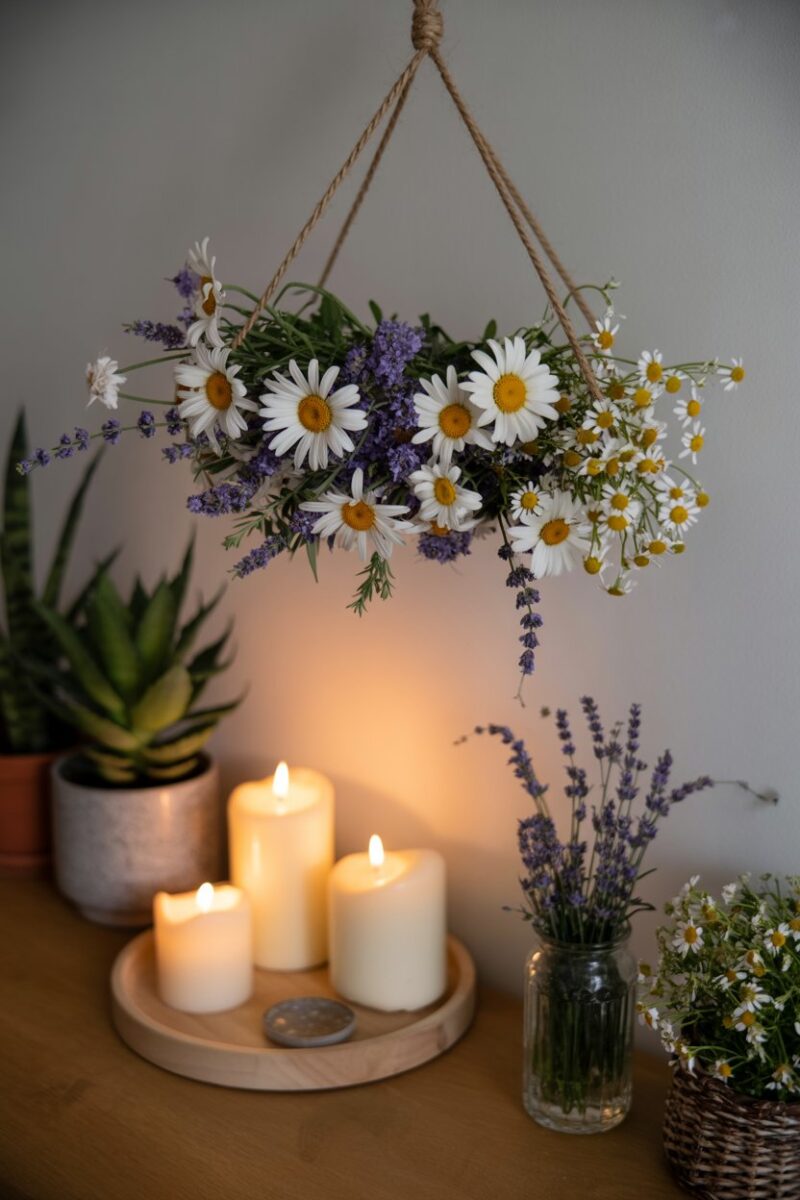 A decorative hanging of flowers including lavender and chamomile, with candles and plants in a cozy setting.